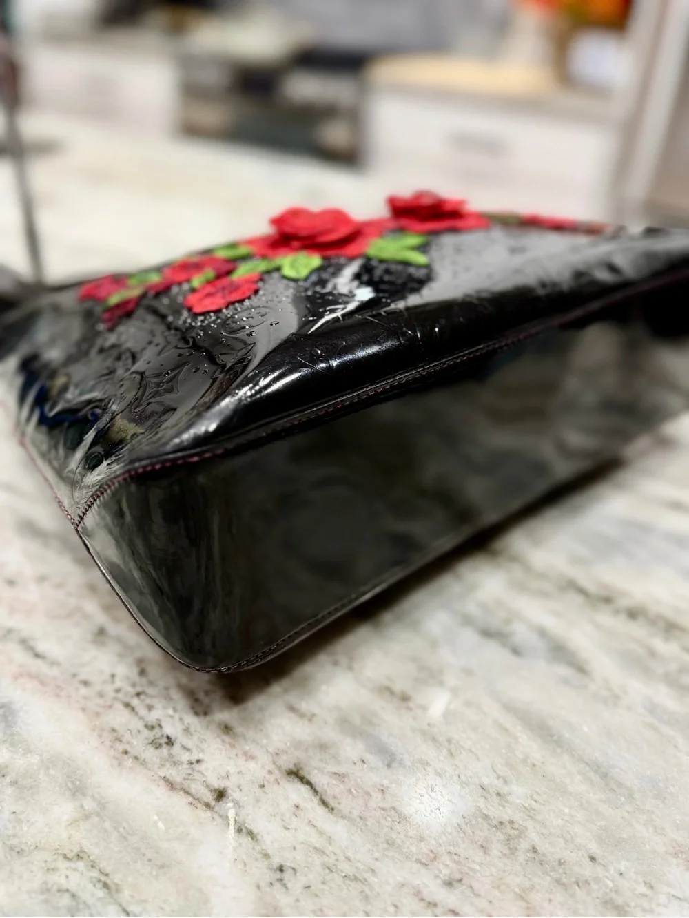 Louis Vuitton Authentic Black Vernis Leather Tote with Custom 3D Red Rose Motif